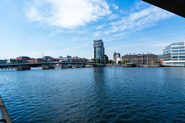 View of the Lagan River with the Belfast skyline, showcasing modern and historic architecture. Marketing analytics across Belfast and Ireland